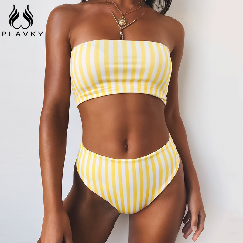 

PLAVKY 2021 Retro Sexy Yellow Striped Strapless Bandeau Biquini Cut High Waist Swim Bathing Suit Swimsuit Swimwear Women Bikini, White polka dot