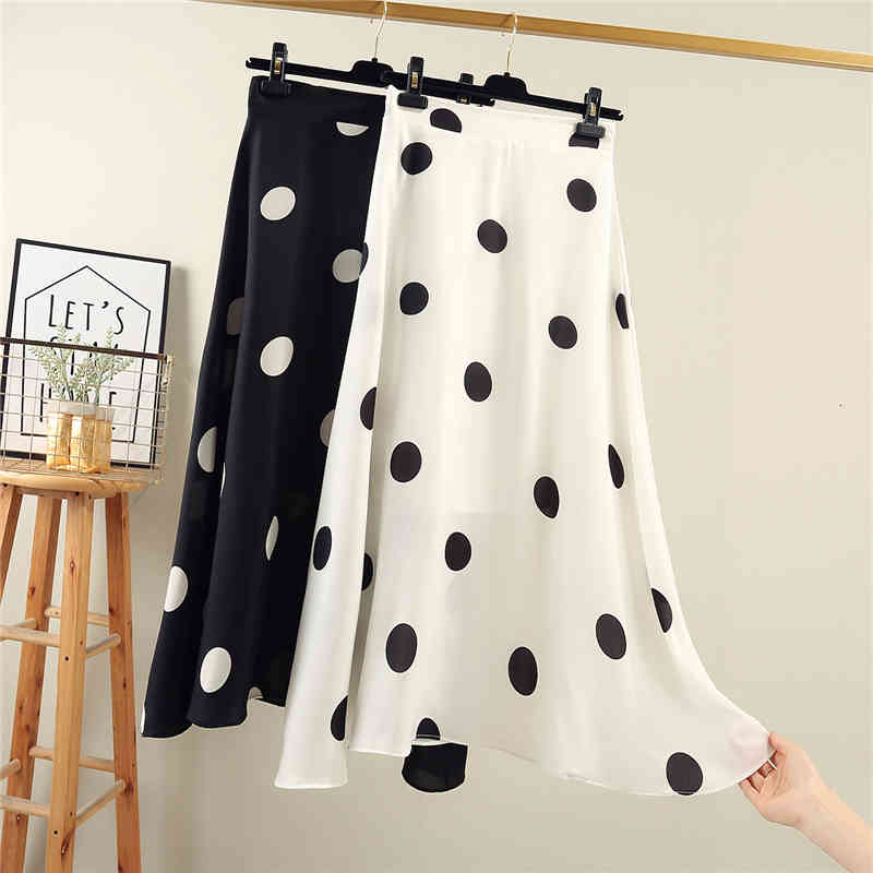 

skirts Summer Korean Dot Elastic Waist Black/White Joker Big Polka Dotted A-line Pleated Chiffon Long Skirts harajuku