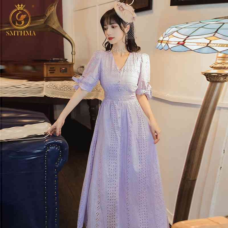 

Sexy V Neck Summer Dress Women' Short Sleeve Elegant Purple Lace Hollow Out Embroidery Party Vestidos 210520, Photo color