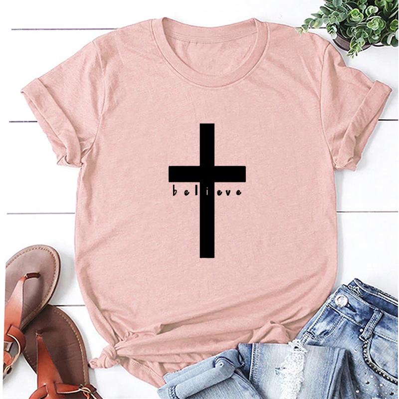 

Women's T-Shirt Christian Believe Cross Tshirt Short Sleeve O Neck Black Cotton Graphic Top Tees Jesus T-shirts For Women Ladies Over Size 3, Mustard