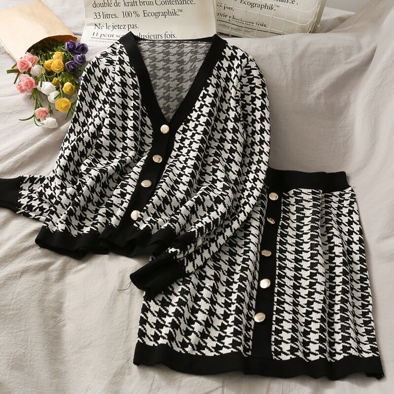 

skirt Korean Elegant Vintage Hounstooth Knitted Two Piece Set Women Outfits Single-breasted Sweater Cardigan + Bodycon Suits KAPH, Black