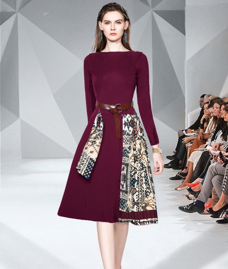

Casual Dresses High Quality 2021 Autumn Winter Fashion Women Long Sleeve Vintage Waist Pleated Knit, As picture
