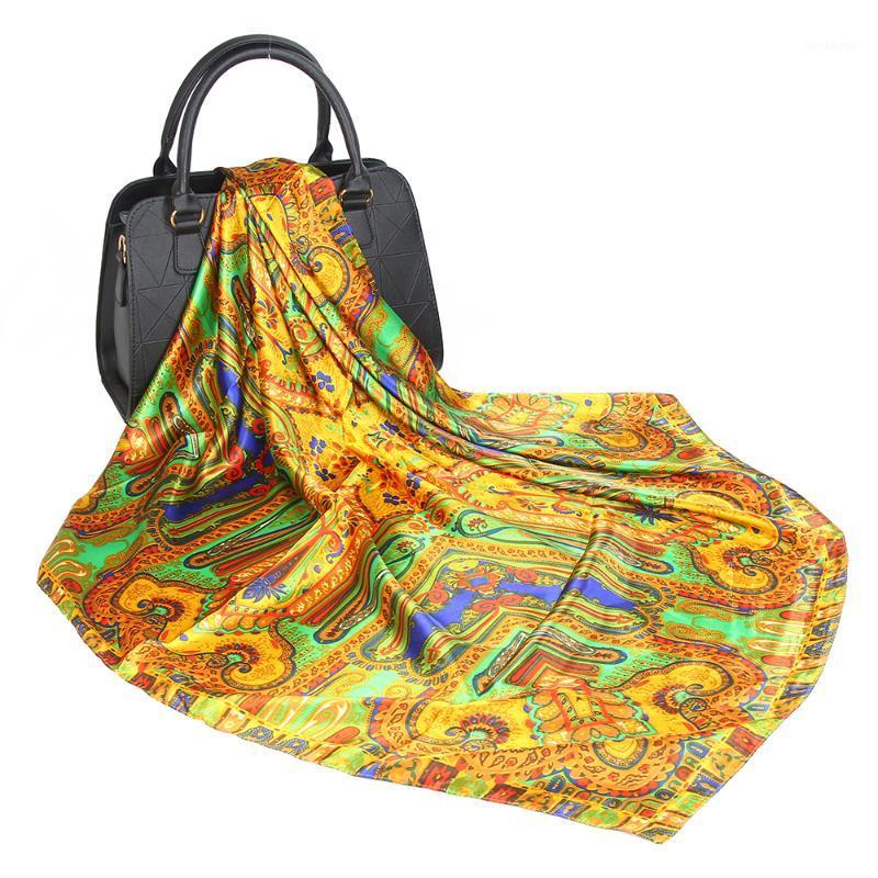 

Scarves Silk Scarf Women Fashion Designer Golden Flowers Big 90*90 Square Foulard Soft Satin Shawl Kerchief Scarfs Neck Head/hair
