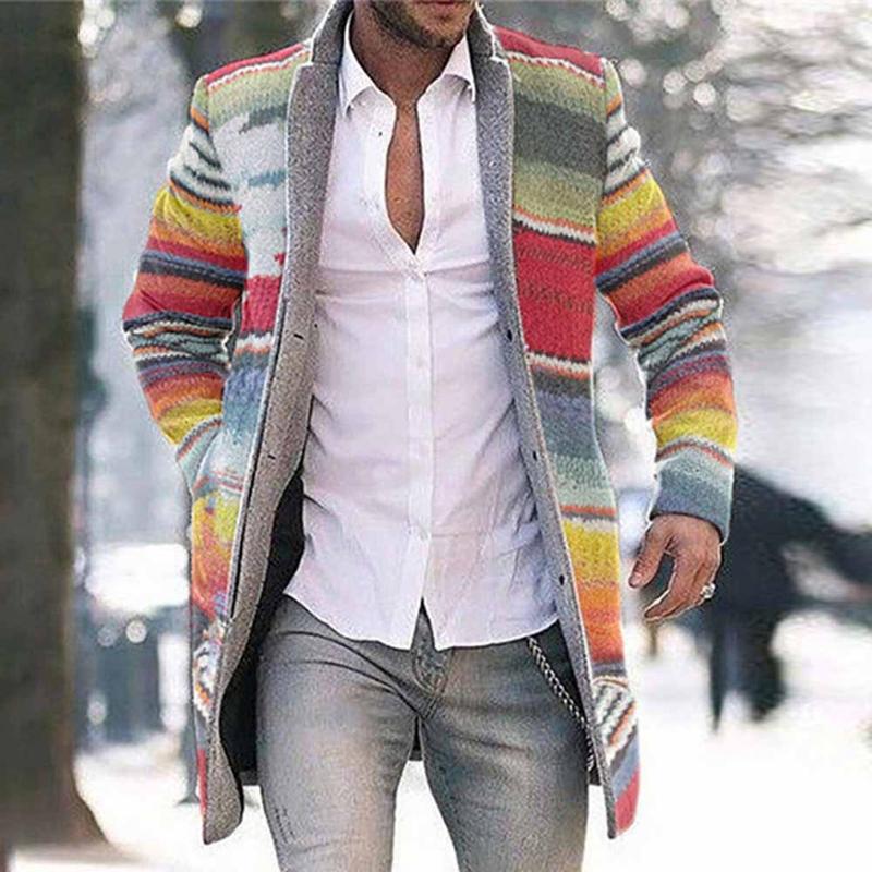 

Men' Trench Coats 2021 Men Autumn Winter Open Front Coat Vintage Long Sleeve Rainbow Stripes Casual Overcoat Plus Size 4XL Windbreaker NICE, Yellow