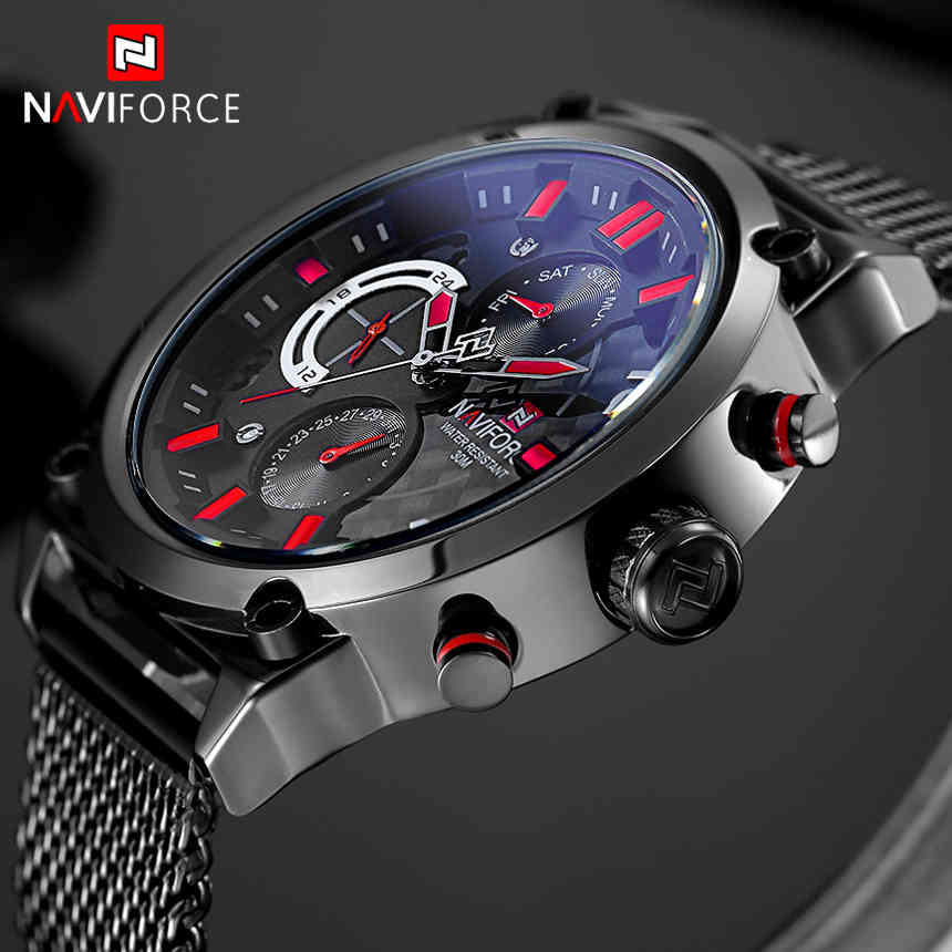 

NAVIFORCE Brand Fashion Mesh Steel Mens Quartz Watch Men 24 Hour Date Clock Male Sport Military Wristwatches Relogio Masculino 210517, Black red