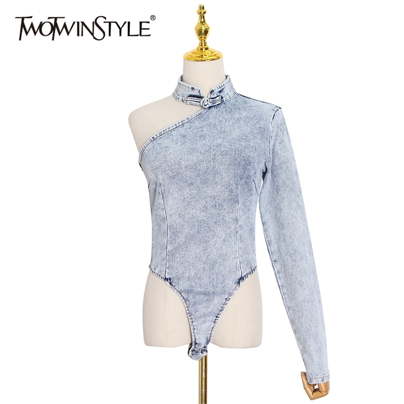 

Sexy Denim Bodysuits For Women Stand Collar Asymmetrical Off Shoulder Slim Chic Style Jumpsuit Female 210521, Beige