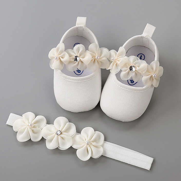 

Headband Cotton Soft Sole Flower Shoes Set For born Baby Girl Christening bed Shoes Baptism Fille Cute Ivory First Walkers 210722, C8