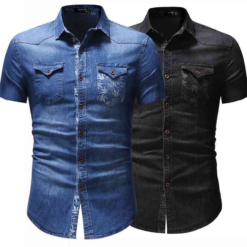 

men's short sleeve leaf denim shirt pocket print denim short sleeve shirt, White;black