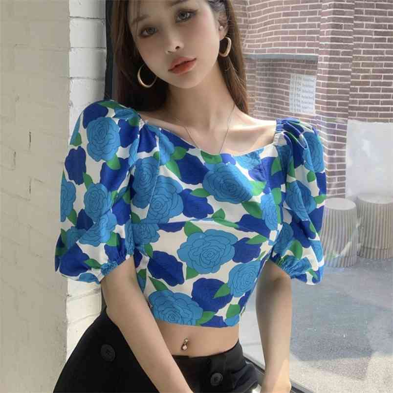

Summer Elegant Shirt Femme Korean Sweet Flower Chiffon Puff Sleeve Short Blouses Women Tops 210519, Photo color