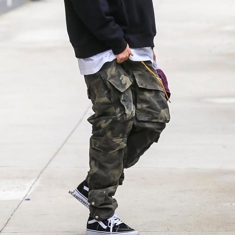 

loose Meishur rhude high street camouflage button overalls drawstring trousers, Black