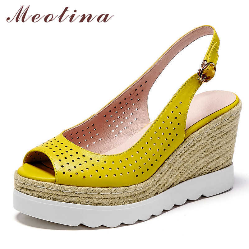 

Meotina Platform Wedge Heels Sandals Cutouts Genuine Leather Shoes Peep Toe Buckle Ladies Sandals Party Shoes Summer Yellow 210608, White