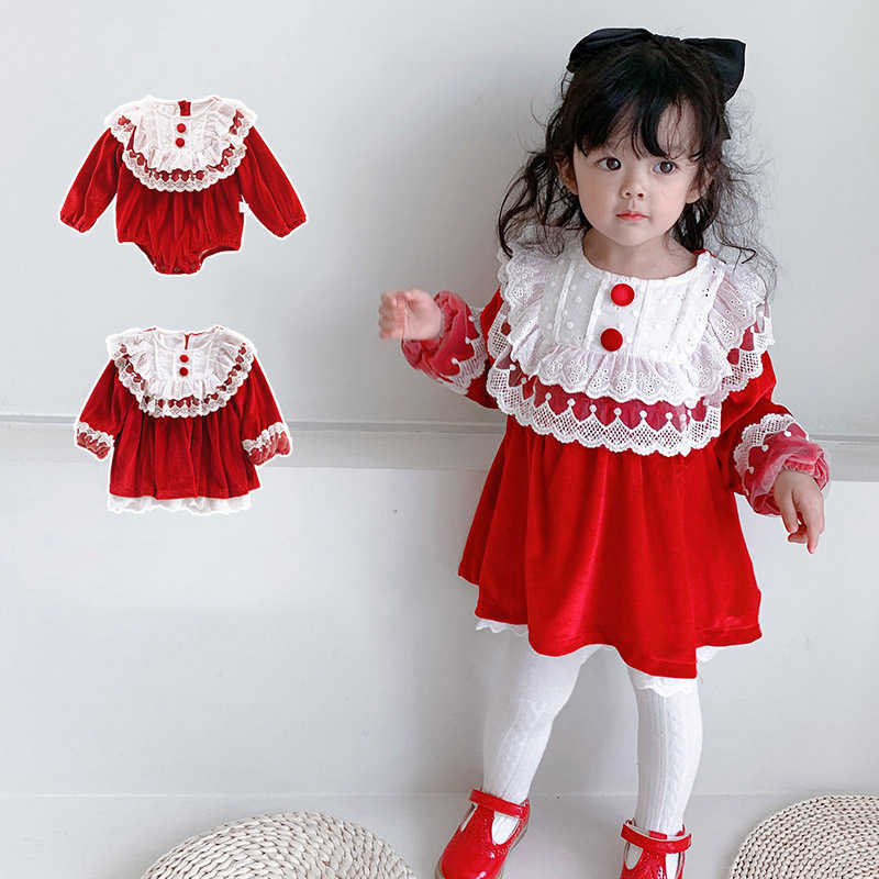 

Baby Girl Long Sleeve Velvet Spanish Dress Children Christmas Year Clothes Infant Red Romper Sisters Matching Outfit 210615