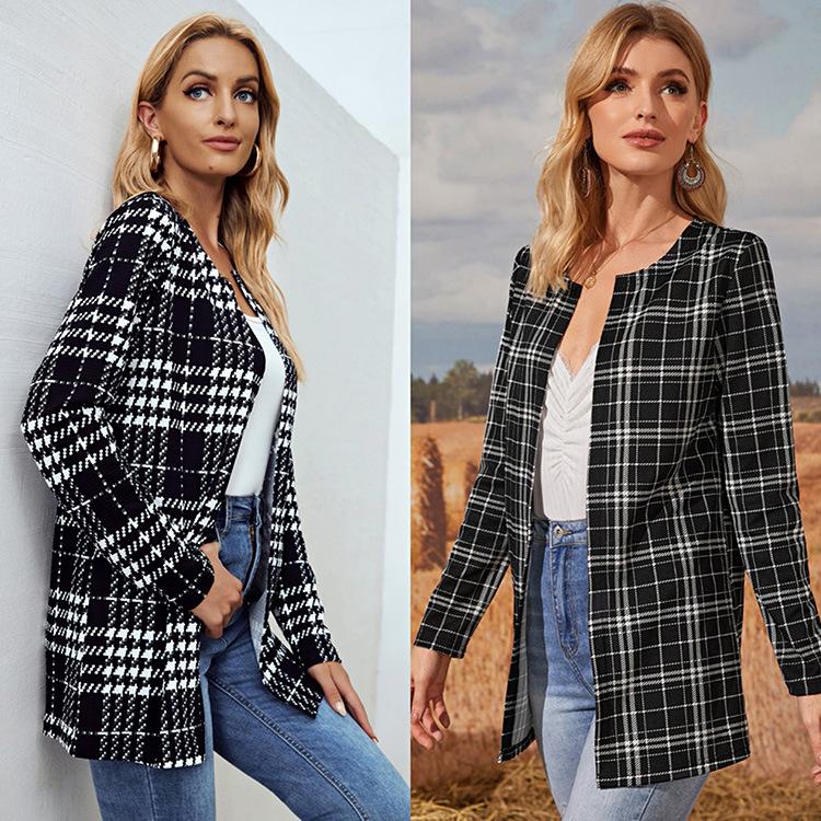 

Women' Suits & Blazers Spring Autumn Plaid Sweater Blazer Women Long Sleeve Loose Suit Jacket Office Lady Work Wears Casual Patchwork, Black