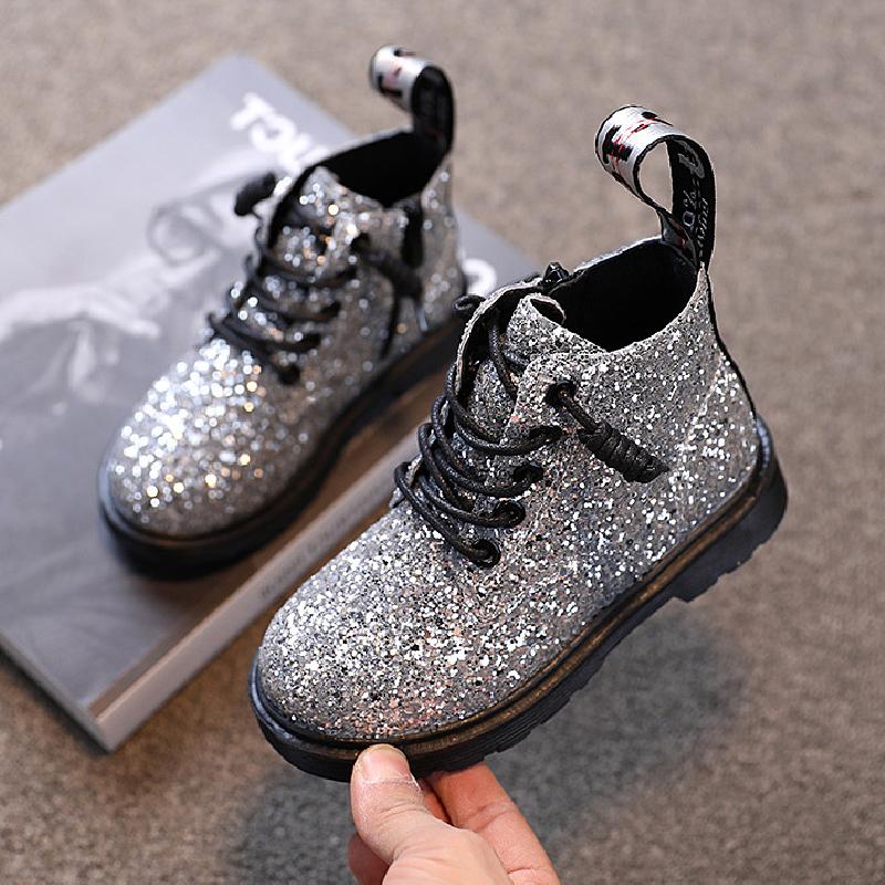 

Boots Children' Riding 2021 Spring Autumn Ankle Fashion Kids Girls Casual Shoes Top Quality Shining Glitter Leather, Black;grey
