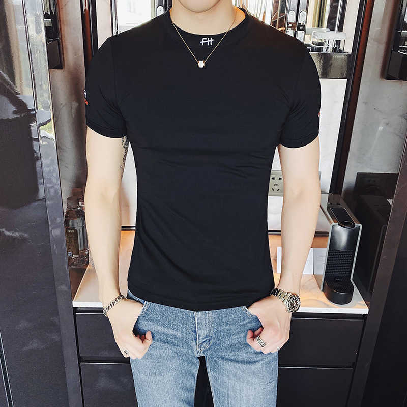 

Solid Color T Shirt Men Summer Short Sleeve Casual T-Shirt Fashion Embroidery O-neck Tops Tees Streetwear Bottoming Clothes 210527, White