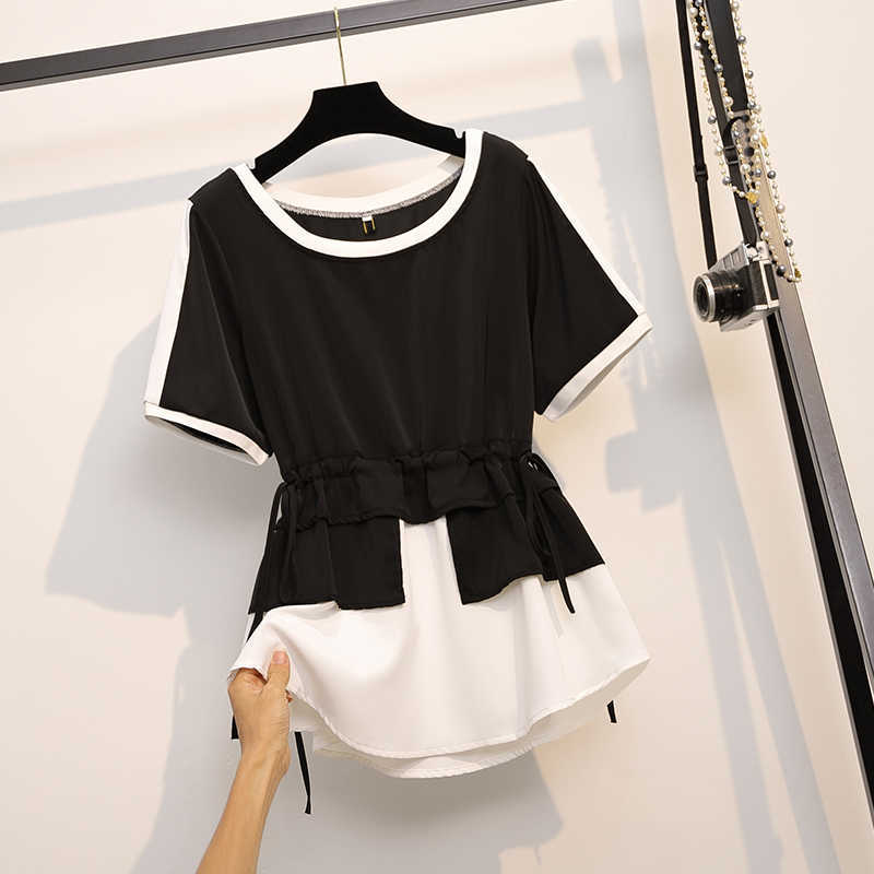 

Elegant Blouses Women Tops Women's Blouses Fashion Plus Size Patchwork Woman Shirt O Neck Women Tops and Blouse Summer 210604, Black
