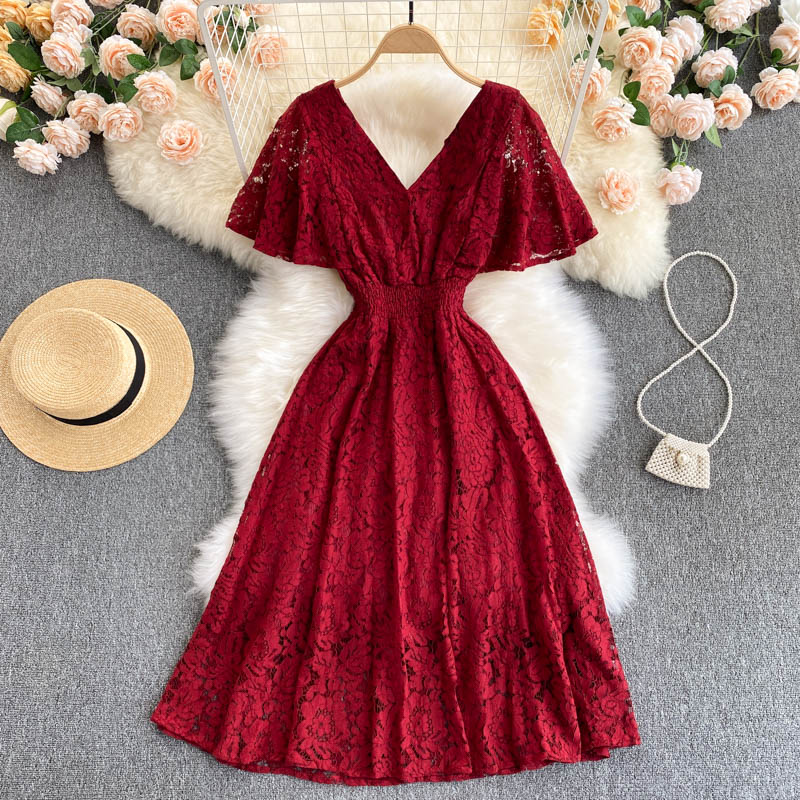 

Summer Red/Blue/Yellow Lace Dress Women Sexy V-Neck Short Sleeve High Waist A-Line Vestidos Female Elegant Vacation Beach Robe, Dark gray