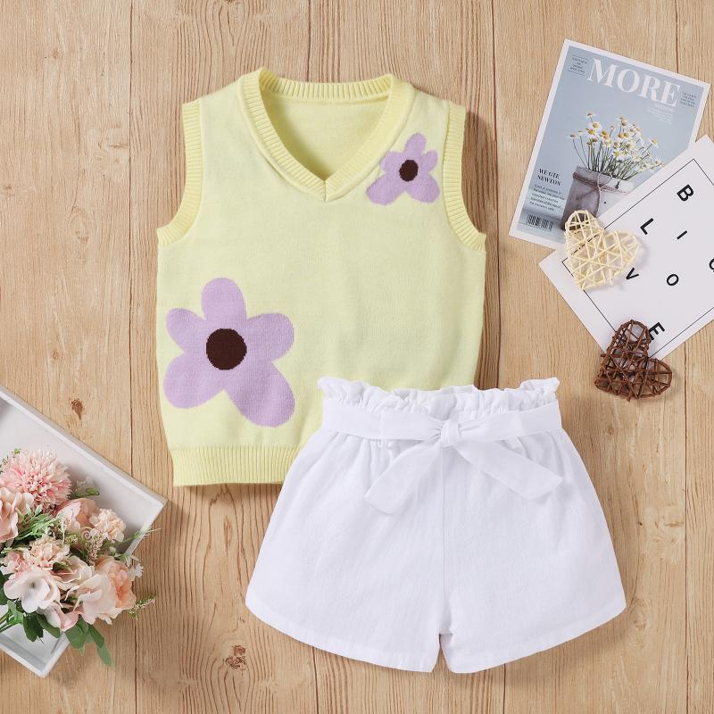 

Clothing Sets Summer Toddler Kids Baby Girl Clothes Sleeveless Cute Flower Print Woolen Vest Top White Bow Pants Outfit Set