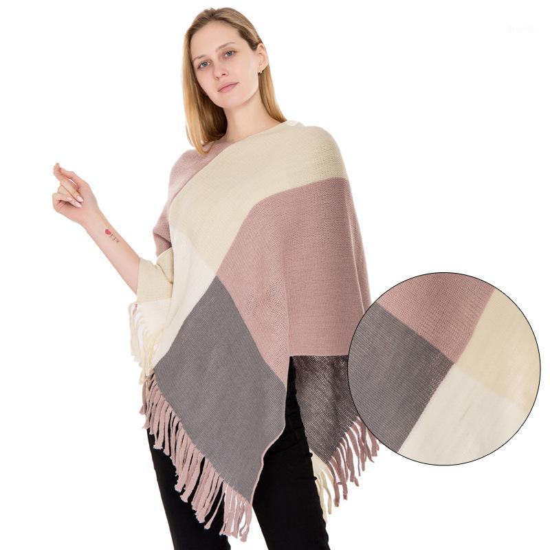 

Scarves Winter Poncho For Women Classic Plaid Knit Shawl Cloak Cashmere Tassel Ponchos And Capes Keep Warm Cover Female Cape Coat, Blue;gray