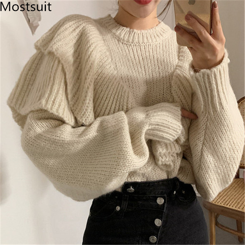 

Korean Fashion Ruffles Women Sweater Pullover Long Sleeve O-neck Loose Casual Sweet Solid Chic Tops Sweaters Winter 210518, Apricot