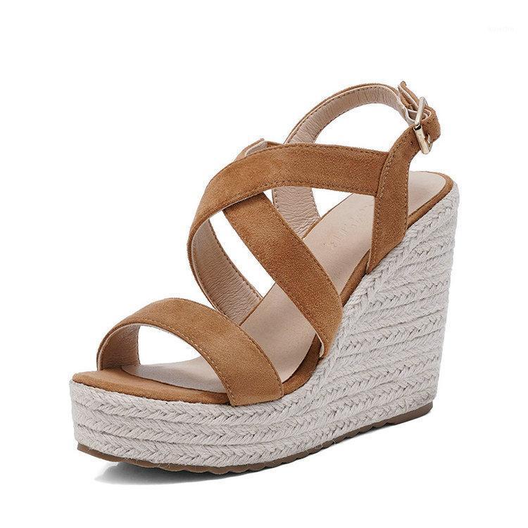 

Dress Shoes Velvet 2021 Sandals Suit Female Beige Buckle Strap Clogs Wedge Muffins Shoe High Heels Cross Large Size All-Match Suede Ne
