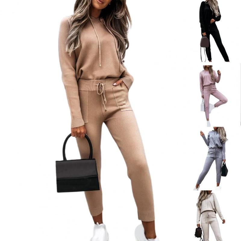 

Gym Clothing Hoodie Pants Solid Color Tracksuit Two-piece Set Drawstring Women Long Sleeve Hoodies Loose Lounge Cloghing Pockets, Beige