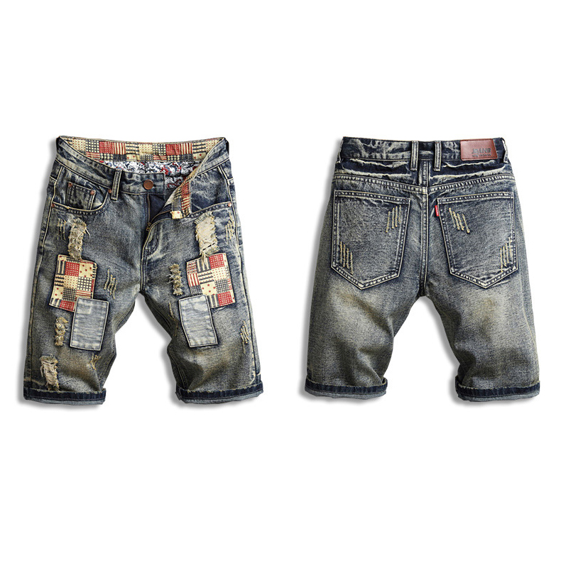

Men' Denim Shorts Washed Distressed Hole Patches Five Point Pants Street Trend High End Men' Jeans Classic, Customize