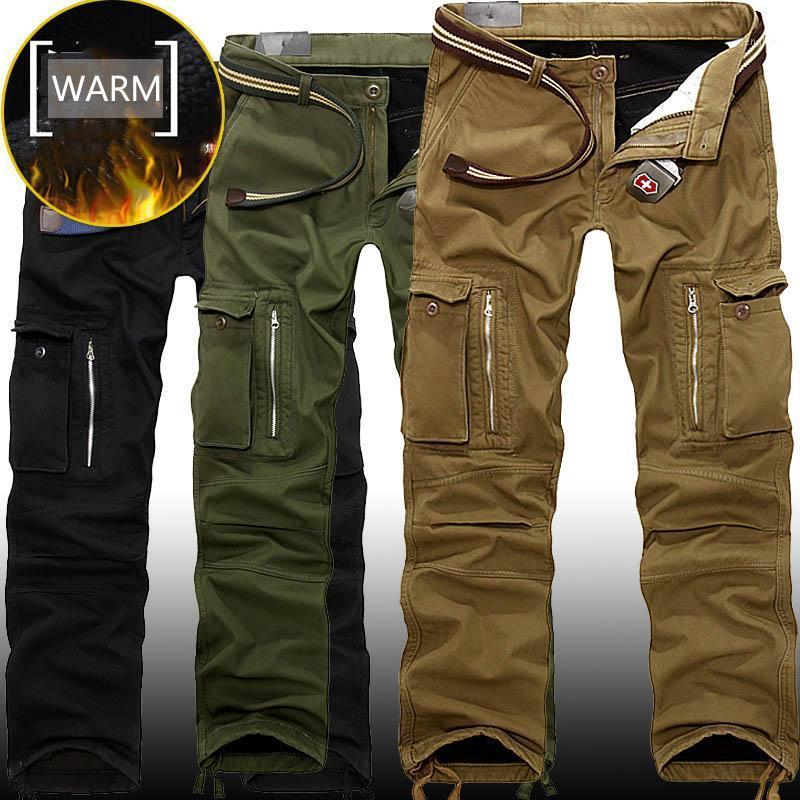 

Men's Pants Autumn And Winter Outdoor Casual Pockets Thicken Warm Brown Mens Clothing Cargo, Black