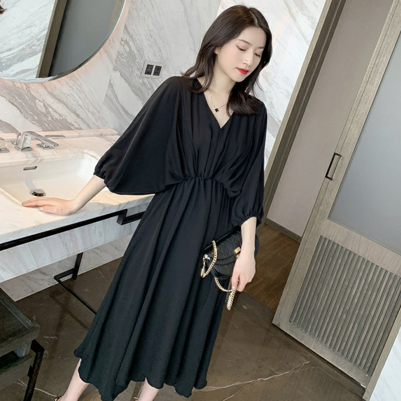 

Lucyever Womens Dresses Spring Summer Elegant V Neck Mid Length Dress Women Casual Loose Solid Mid Sleeve Party Dress Woman 210521, Beige