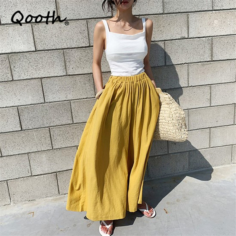 

Qooth Solid Linen Large Size Wide-Leg Trousers Women's Loose Casual All Match Pants Fashion High Elastic Waist Trousers QT657 210518, Beige