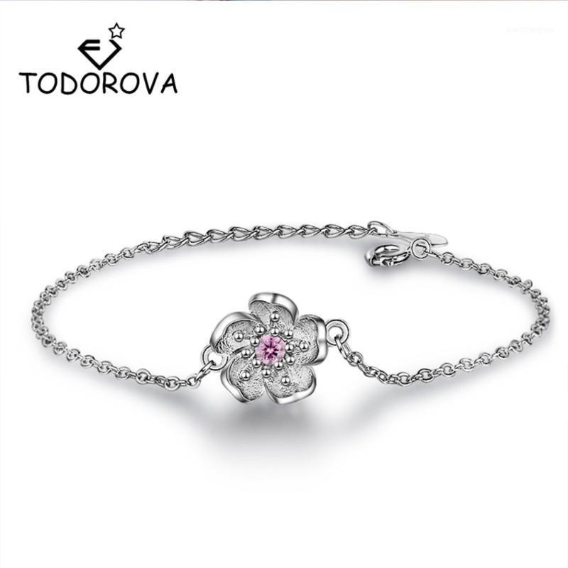 

Todorova Pink Purple Crystal Zircon Cherry Blossom Bracelets Flower Chain Link For Women Link,, Black