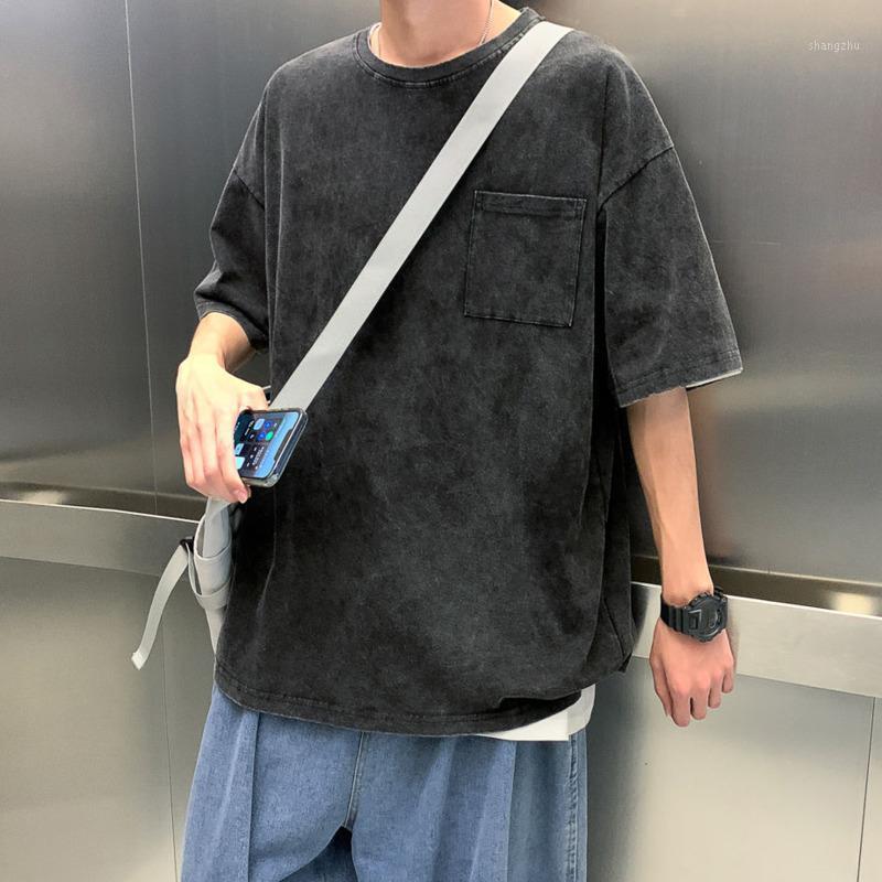 

Men's T-Shirts Summer Washed Denim T-shirt Korean Fashion Loose Casual Harajuku Streetwear Old Retro Short-sleeved, Black