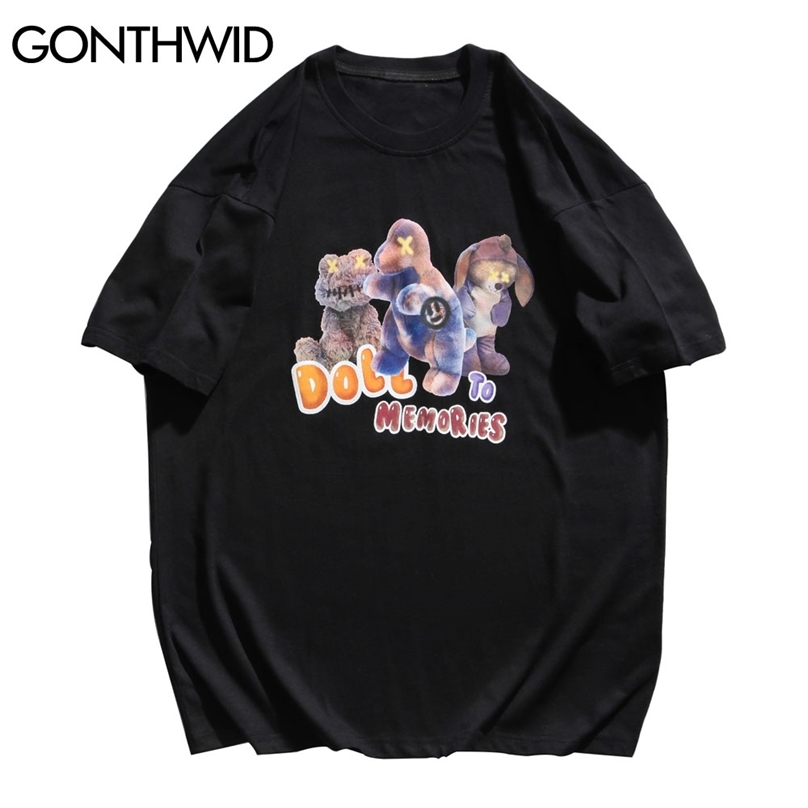 

T-Shirts Harajuku Doll Toy Print Streetwear Tshirts Hip Hop Fashion Casual Short Sleeve Tees Mens Summer Cotton Tops 210602, Black