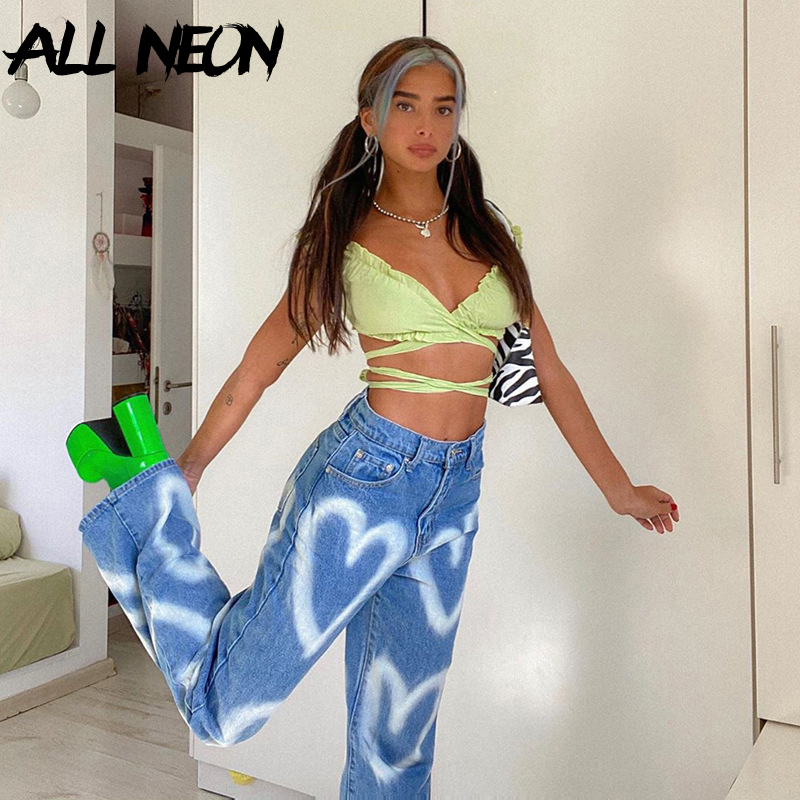 

ALLNeon Vintage Heart Graphic Graffiti Baggy Y2K Jeans E-girl Aesthetics Straight High Waist Long Pants Autumn Denim Trousers, Black