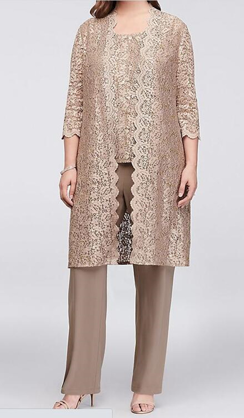 

Bride Mother Dress Three -Piece Set Chiffon Pants Suits Bride Lace Long Sleeve Jewel Neck Women's Plus Size Dresses