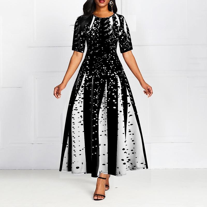 

Casual Dresses Digital Print Women Ball Gown Dress Half Sleeve Summer Elegant Party Female Big Size 5XL Long Maxi Robe Femme, 040 black