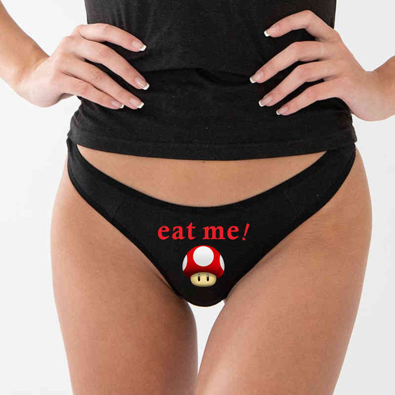 

Mushroom EAT ME Funny Sexy Panties Womens Underwear Cute Underpant Brief Lovely T-back G-string Thongs For Female, White