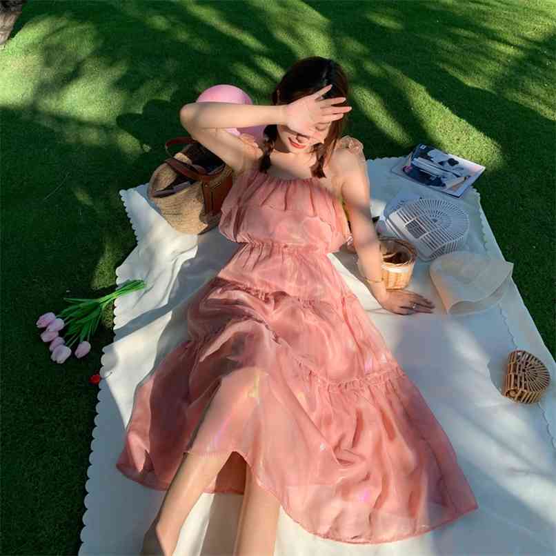 

French Retro old Fairy Dress Women Summer High Waist Suspender Elastic Mesh Ruffles Pink Midi 210601