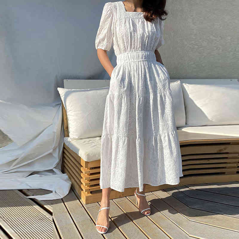 

ZAWFL Women' Dress Lace Embroidery Hollow out White Square Neck Elegant Single Breasted Short Sleeve Summer Lady Robe 210525, Picture color