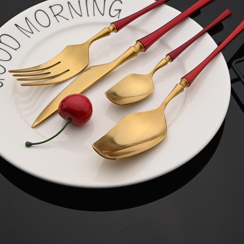 

Dinnerware Sets Matte Dinner Tableware Set 4pcs Flatware Cutlery Silverware Steel Luxury Forks Knives Spoons Red Gold
