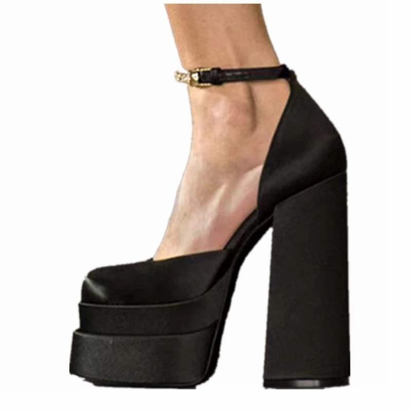 

Luxury Platform Sandals Women Square Toe Satin Chunky Heels Crystal Shoes Woman Thick Sole Super High Heel Female Pumps Party Shoe, Red