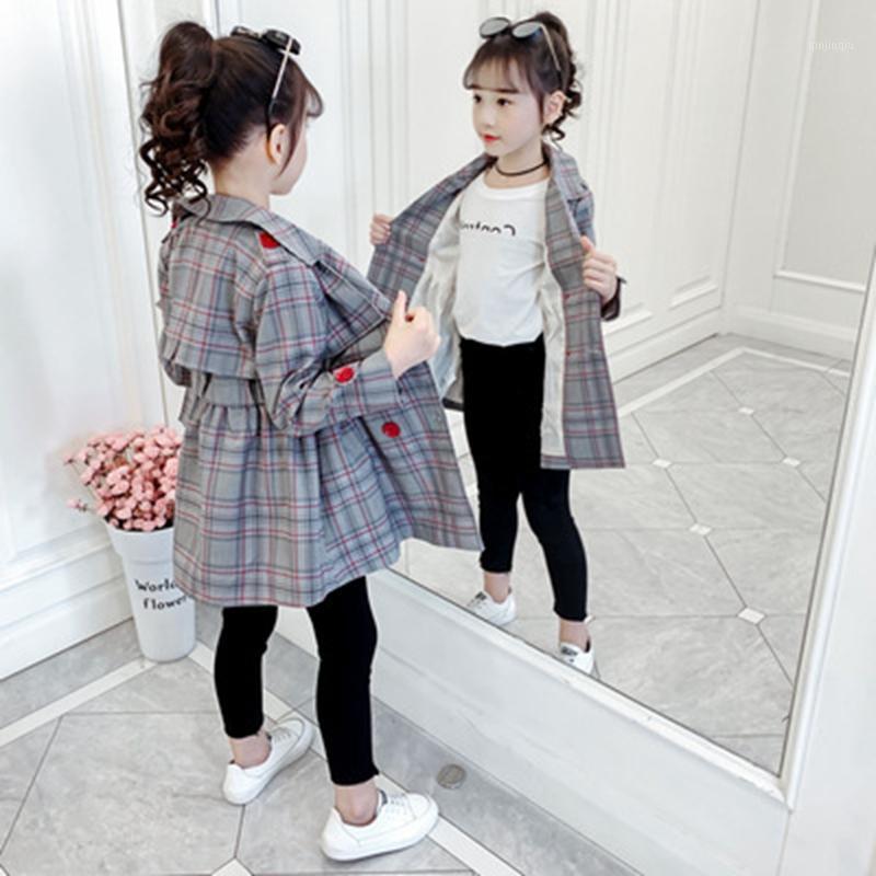 

Coat Plaid Drawstring Waist Jacket For Girls Chinese Blazer Winter Jackets Teenager Korean Trench Clothes, Blue;gray