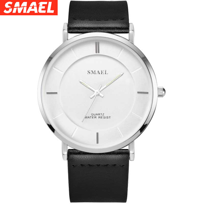 

Wristwatches SMAEL fashion single watch waterproof leather simple ultra thin quartz wristwatch for men and women, Silver shell a2