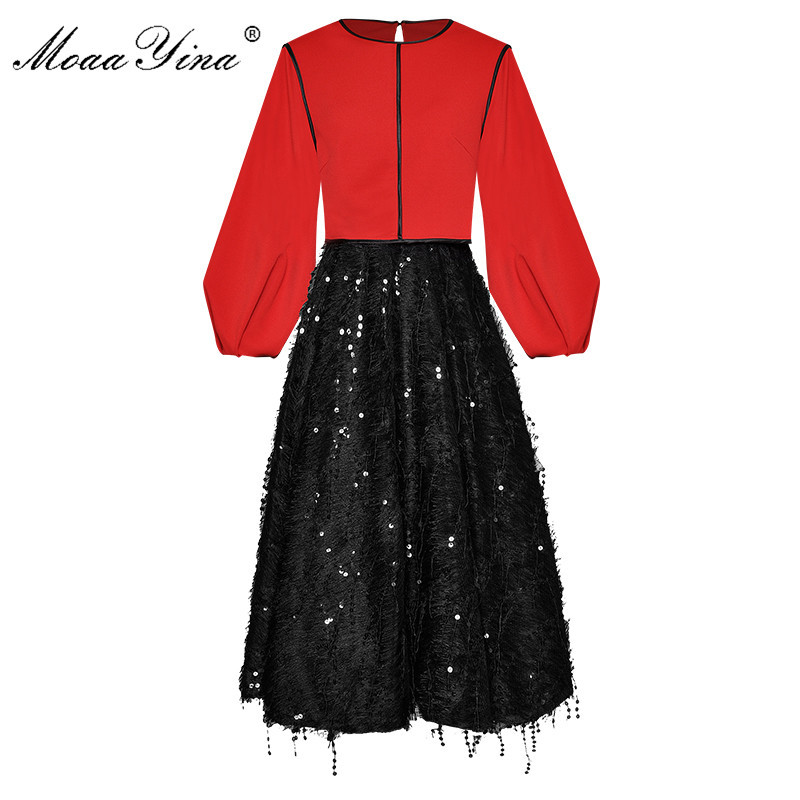 

Fashion Designer Set Spring Summer Women Lantern sleeve Tops+Tassel Sequin Skirt Two-piece set 210524, Red