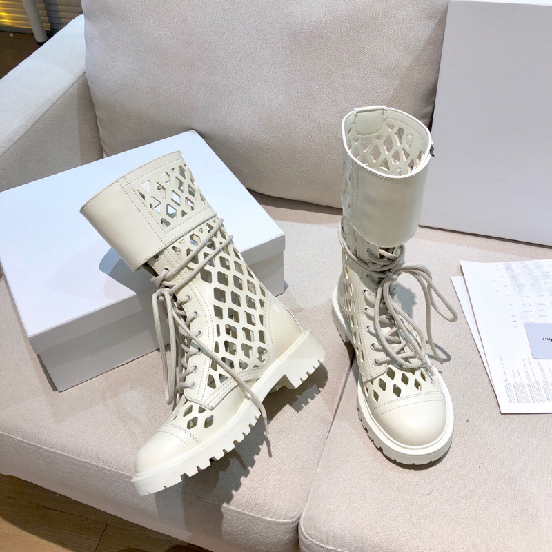 

Top quality D-Trap Calf Hair Combat Boots in white matte genuine leather cutout lace-up shoes women luxury designers ankle boot low heel, Black