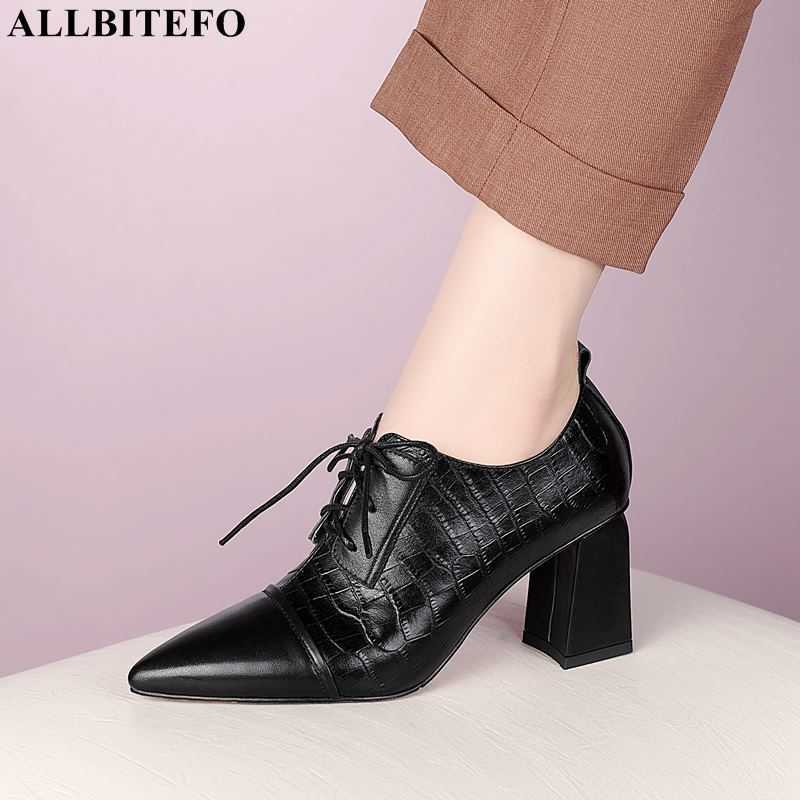 

ALLBITEFO lace-up genuine leather women high heels pointed toe thick heel fashion women heels Walking shoes high heel shoes 210611, As picture