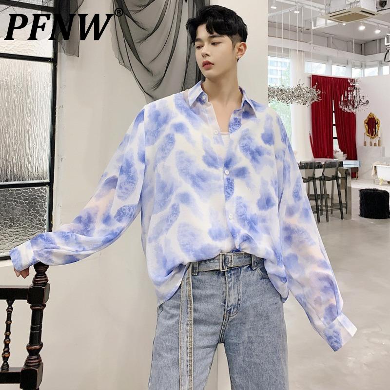 

Men's Casual Shirts PFNW 2021 Basic Flower Printing Lazy Style Shirt Thin Elegant Long Sleeve Tide Loose Korean Floral Tops 21D8693, White;black