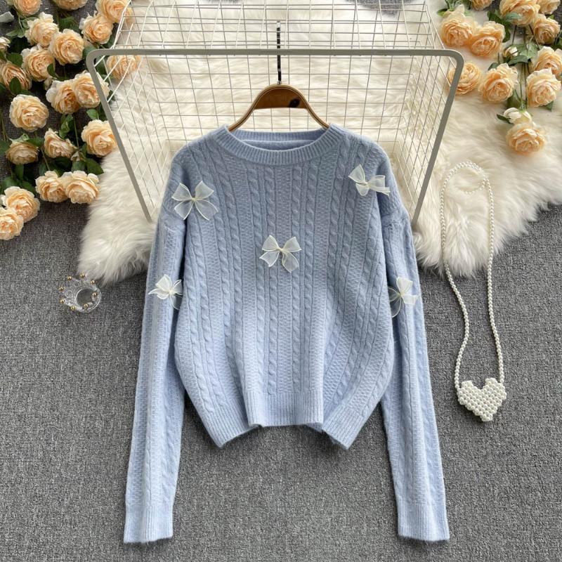 

Women's Sweaters SINGREINY Winter Thick Korean Women Sweater Long Sleeve O Neck Sweet Bow Casual Tops Autumn Loose Streetwear Knit Pullovers, White;black
