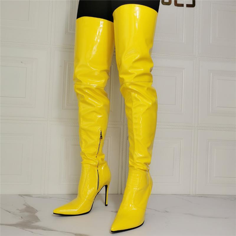 

Boots Women Crotch Long Yellow Dance Faux Leather High Heels Side Zip Over Knee Ladies Shoes Woman Large Size 44 45 46 47, As picture