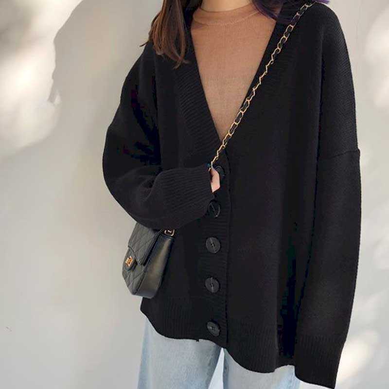 

Autumn and winter knitted cardigan long-sleeved Korean chic lazy style loose sweater thick coat female students 210526, Gray